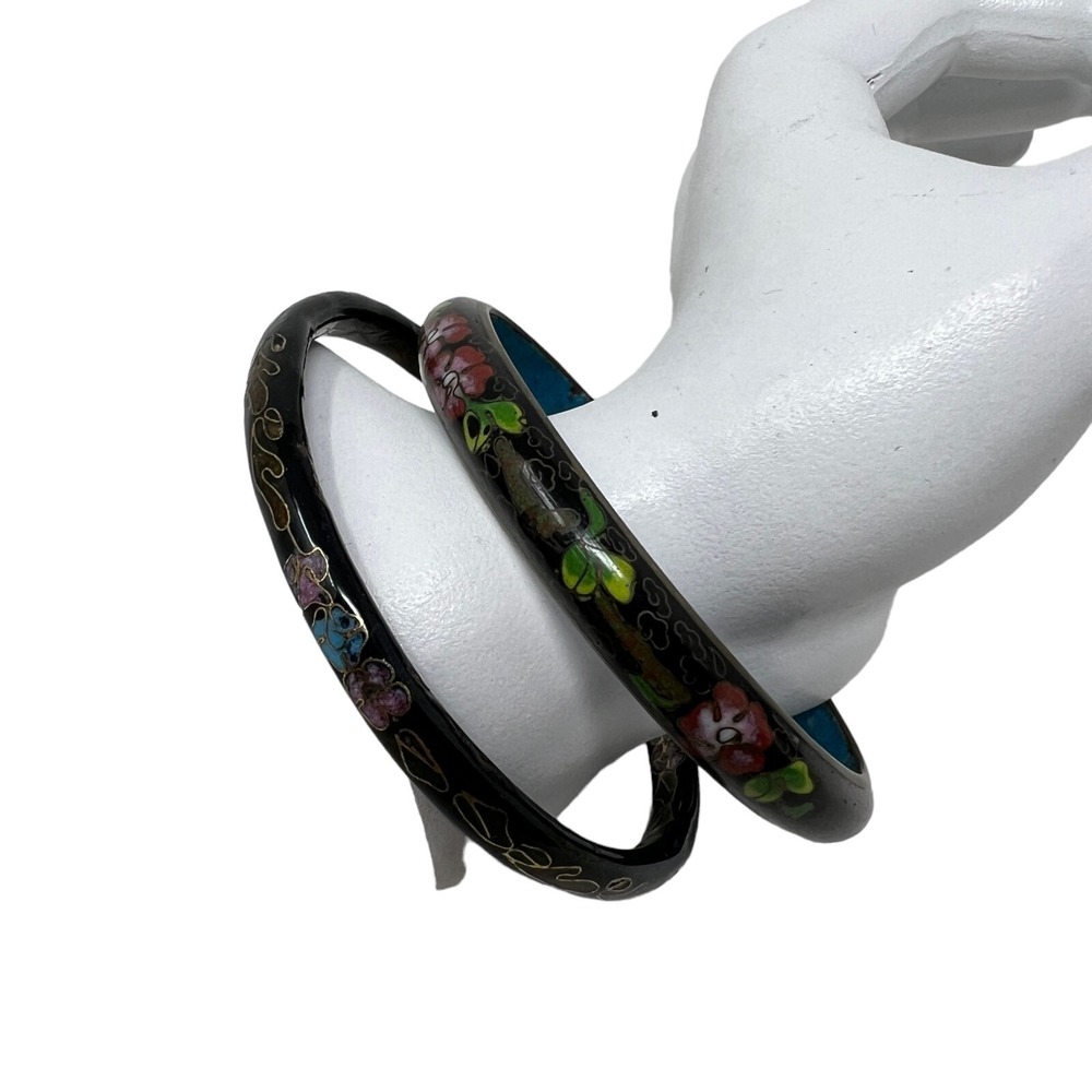 Vintage Cloisonne Bracelets Black Pink Green Enamel Lot of Two Bangles